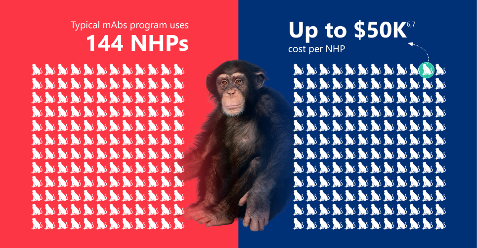 Graphic showing mAbs programs use 144 non-human primates, costing up to $50K each.