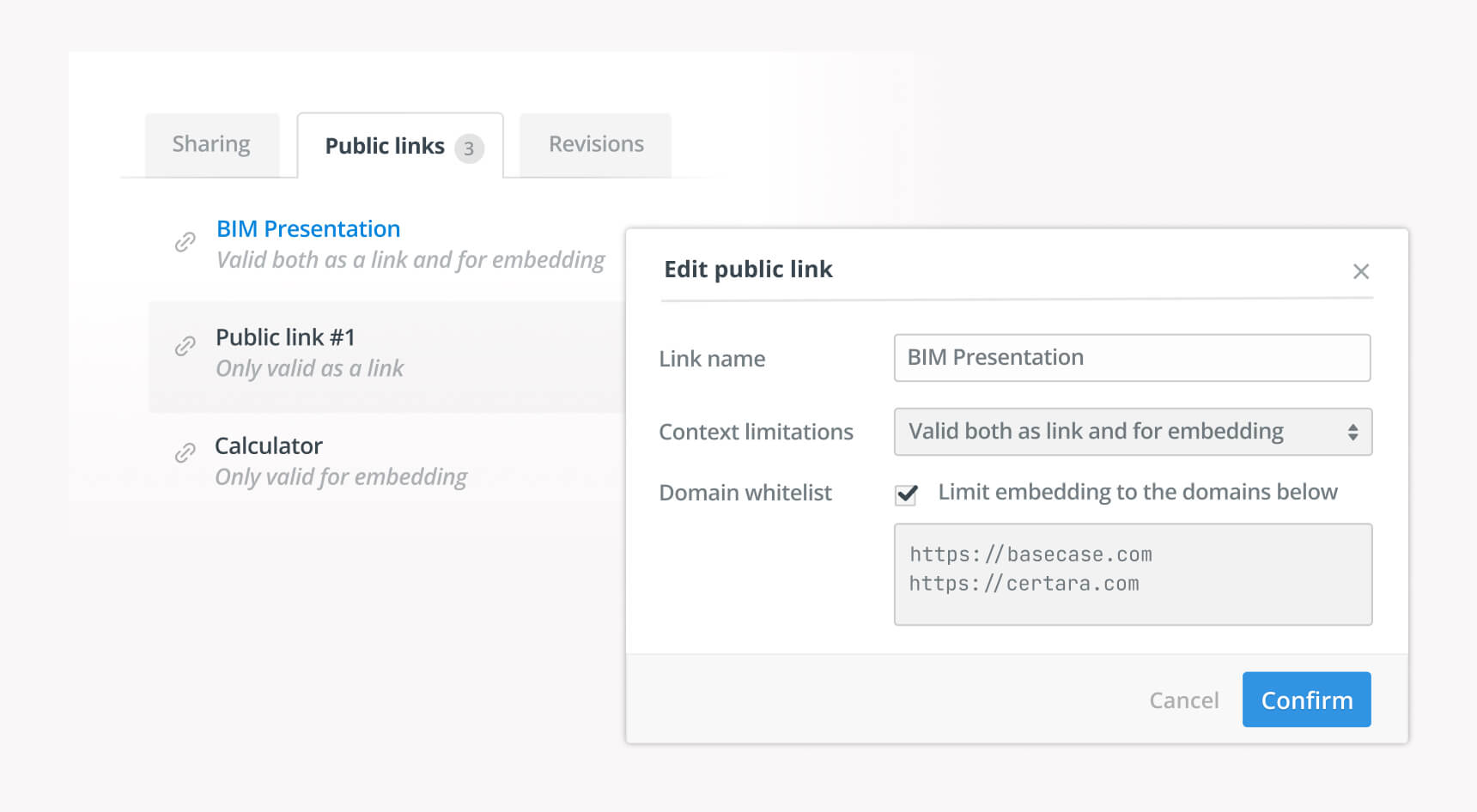 Settings window for a public link named ‘BIM Presentation’ with domain limits for basecase.com and certara.com.