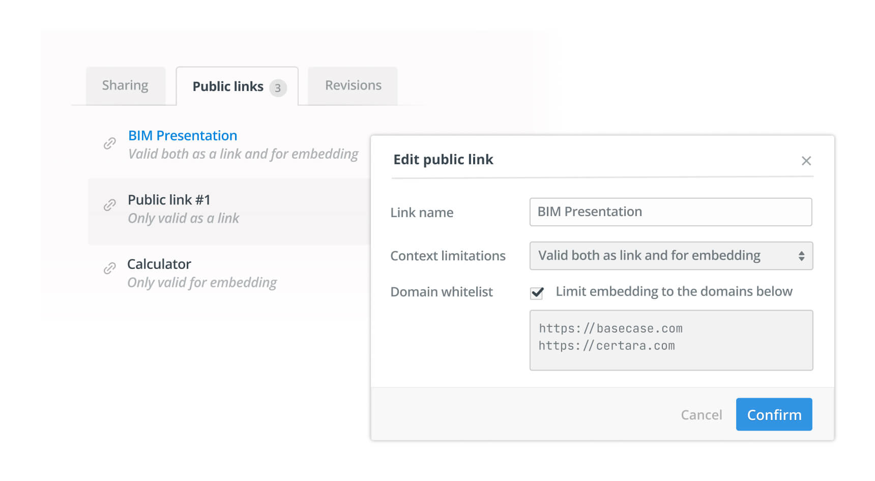 Settings panel for editing a public link named ‘BIM Presentation’ with domain limits for basecase.com and certara.com.