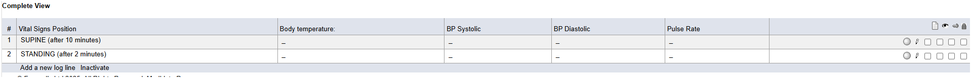 Table showing vital signs positions with blank entries for body temperature, blood pressure, and pulse rate.