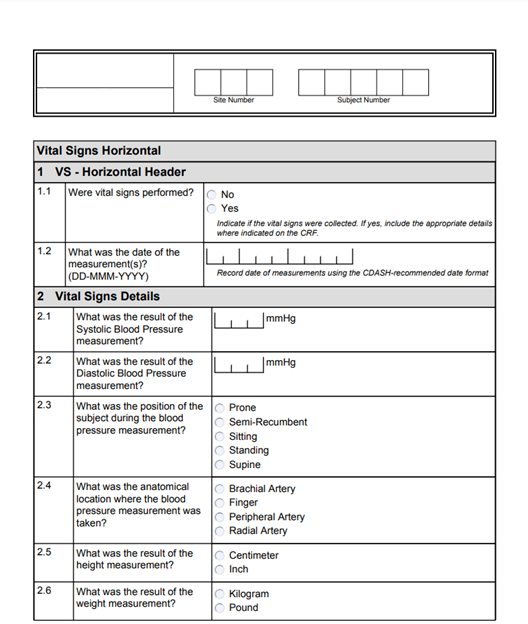 Well-designed vital signs form with clear guidance, logical grouping, controlled terminology, and defined measurement units.