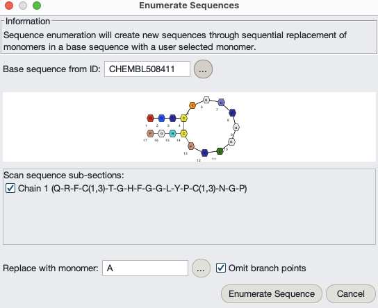 Enumerate Sequences dialog with base sequence CHEMBL508411 and monomer A set as the replacement.