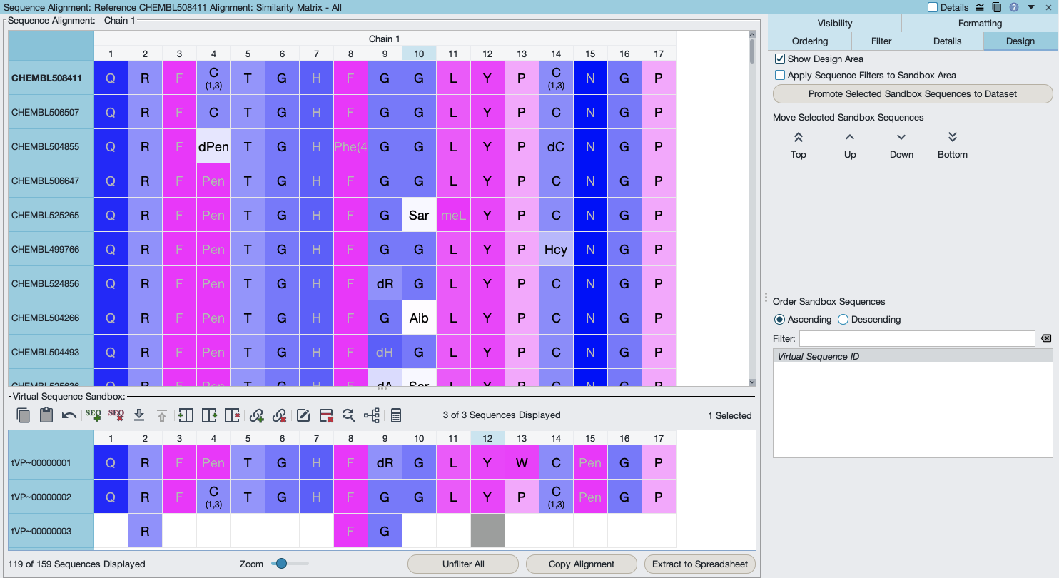 Alignment viewer with a virtual sequence sandbox below, holding three edited peptide sequences for design.